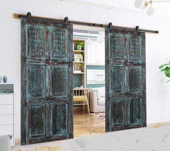 Rustic Vintage Distressed Blue Double Sliding Barn Door with Carved Wood Accents 80x36